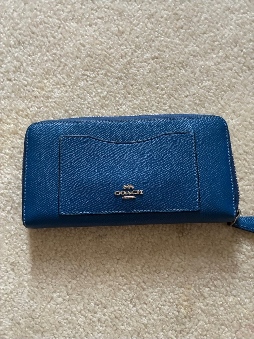 COACH Blue Zip Around Saffiano Leather Wallet with Exterior Card Slot